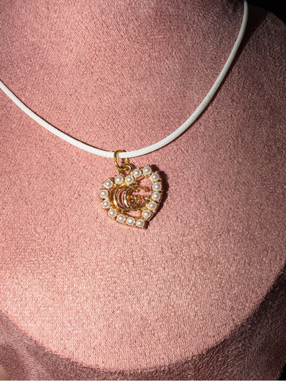 GUCCI Gold Heart Charm UpCycled Necklace with Pearl Accents - White